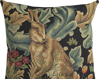 William Morris Design Black Forest Hare - Decorative Tapestry Cushion Cover – Belgian Jacquard Woven 18x18  Arts and Crafts Throw Pillow