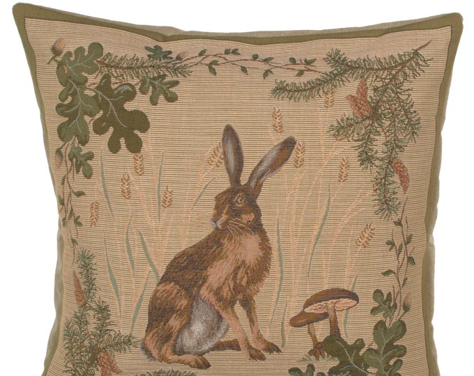 Hare French Tapestry Pillow Cover: Woven Cotton Animal Print Cushion Case