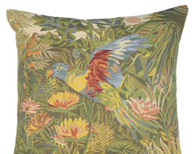 Tropical Parrot Tapestry Cushion Cover 18x18 inch - Belgian Woven Floral Bird Throw Pillow Case
