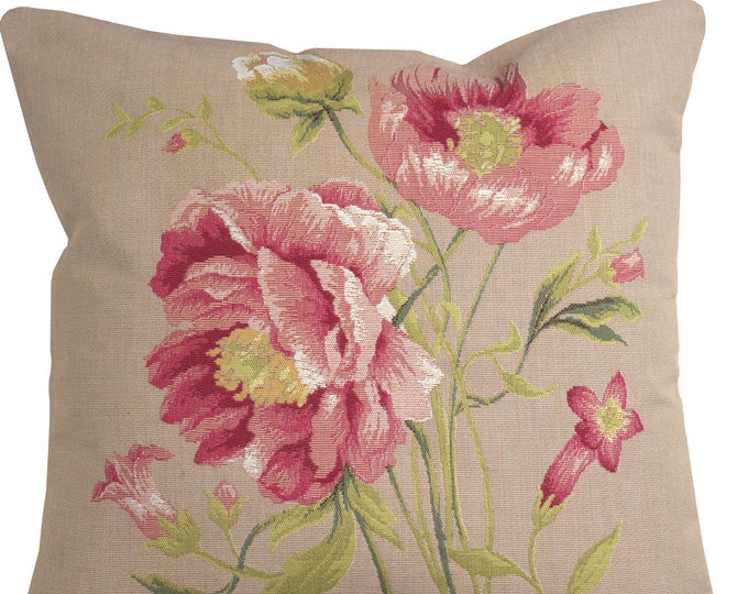 Peonies Tapestry Pillow Cover: Jacquard Woven Belgian Cushion (19x19 In)