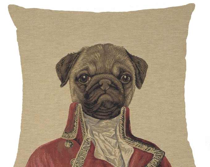 Commodore Pug Tapestry Pillow Cover: Belgian Woven Military Dog Cushion