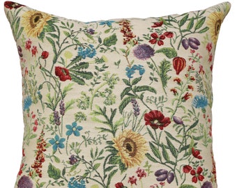 Fleurs des Champs Tapestry Cushion Cover 18x18 inch – Wild flower Pillow Covers – Country Garden Woven Throw Pillows Case