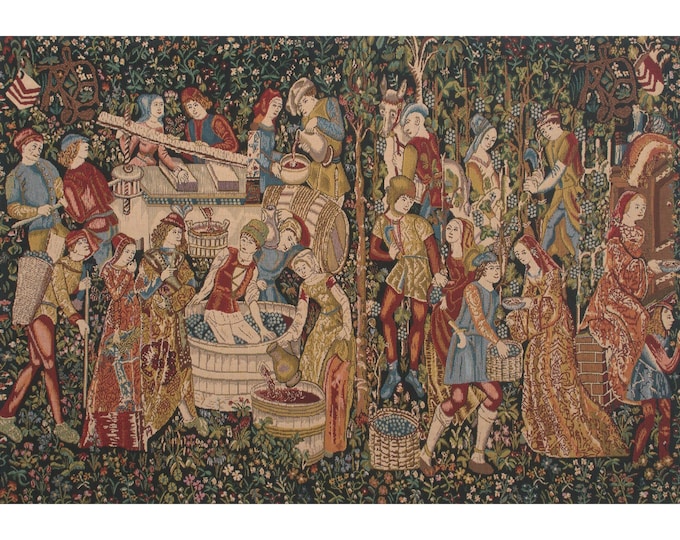 Wine Makers, Terracotta Wall Tapestry Woven – Gobelin Medieval Wall Hangings – Belgian Woven Tapestry Decor Art