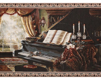 Piano by Candlelight European Wall Tapestry Woven – Romantic Music Room Decor – Jacquard Woven Wall Art