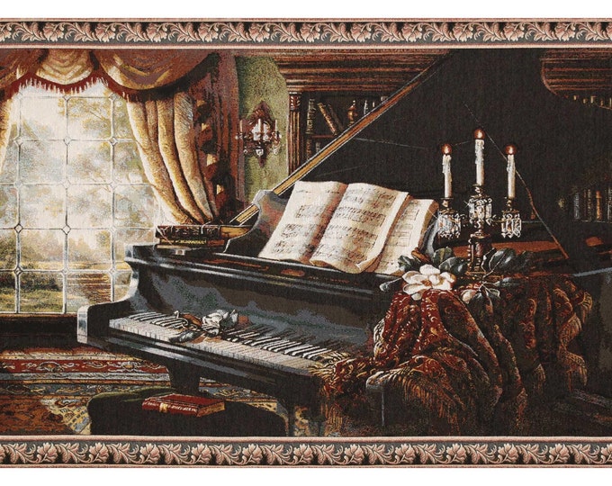 Piano by Candlelight European Wall Tapestry Woven – Romantic Music Room Decor – Jacquard Woven Wall Art