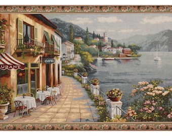 Cafe by Lake Como Wall Tapestry Woven - Italian Landscape Wall Art - Woven Wall Hanging - Romantic Scenic Tapestry Decor