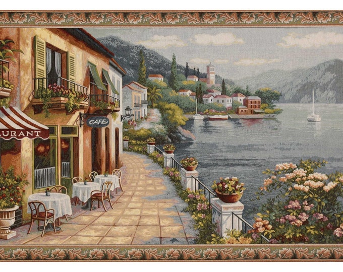 Lake Como Tapestry: Italian Cafe Scene Woven Wall Art