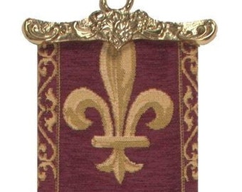 Fleur de Lys Tapestry Bell Pull 44x6 inch – French Royal Wall Hanging – Belgian Woven Tapestry with Brass Hanger & Tassel