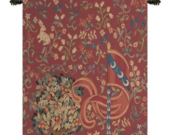 Medieval Lion Portiere: European Millefleurs Tapestry Wall Hanging with Unicorn for Antique Home Decor