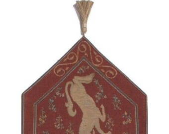 Licorne II Large French Table Mat - 14x70 European Jacquard Woven Table Runner - Red Medieval Unicorn, Tassels, Autumn/Fall Holiday Décor