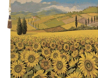 Elegant Tuscan Sunflower Landscape Jacquard Tapestry Wallhanging: Italian Countryside Wall Art Decor