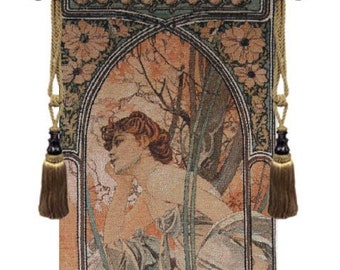 Mucha Soir European Wall Tapestry - Jacquard Tapestry Wall Décor Art - Floral Woven Decorative Wall Hanging - Young Women Tapestry Wall Art