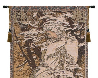 Mucha Winter Wall Decor Art | Jacquard Woven Wall Tapestry | Young Lady Unique Wall Hanging | Decorative European Wall Art | Wall Art