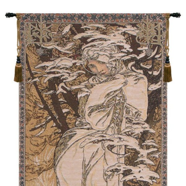 Mucha Winter Wall Decor Art | Jacquard Woven Wall Tapestry | Young Lady Unique Wall Hanging | Decorative European Wall Art | Wall Art