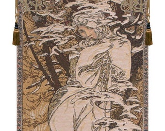 Alphonse Mucha Winter Jacquard Woven Wall Tapestry Art Nouveau Woman European Vintage Home Decor