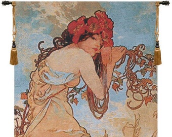 Elegant Mucha-Inspired European Jacquard Wall Tapestry - Cream Woven Art Featuring Young Women