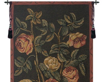 Roses European Wall Tapestry - Decorative Floral Wall Décor Art - Flower Bouquet Woven Wall Art - Black Background Jacquard Wall Hanging