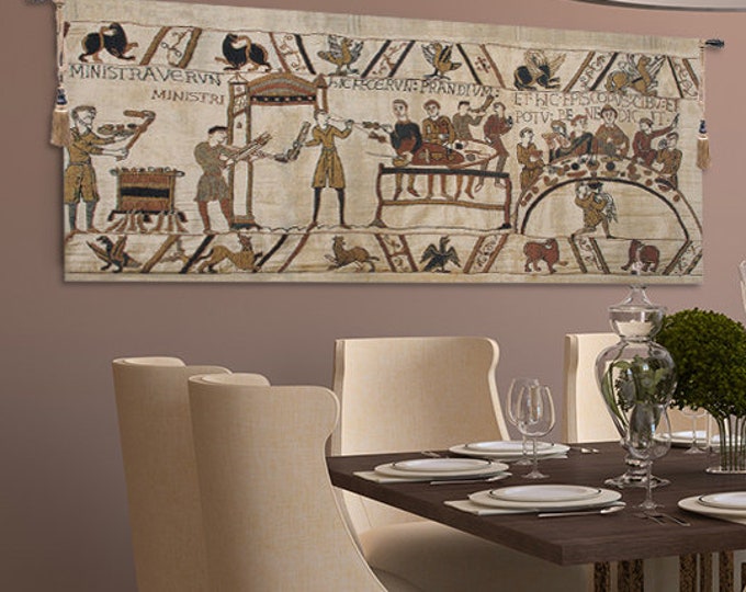 Medieval Banquet Scene Bayeux Tapestry Style Woven Wall Art Hanging Decorative Jacquard Gobelin