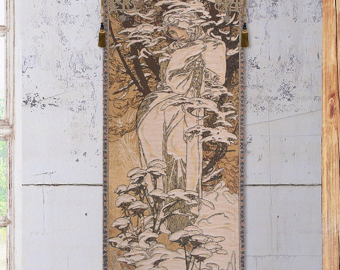 Alphonse Mucha Inspired Winter Wall Tapestry - Jacquard Woven Art Nouveau Decor for Home