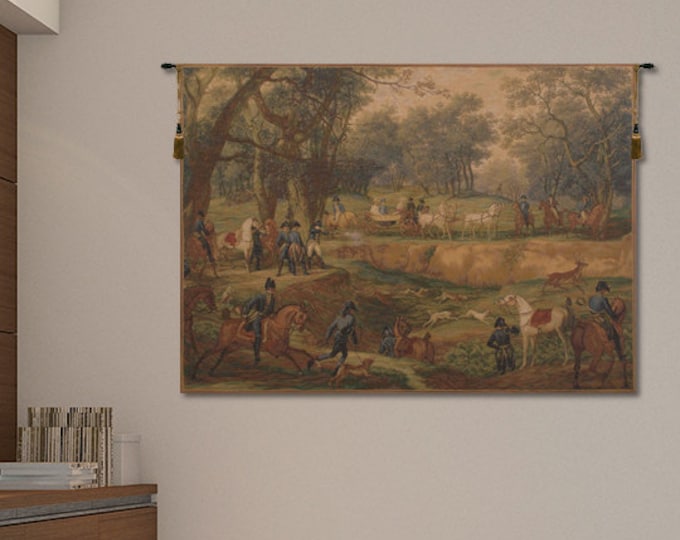 Napoleonic Hunt Tapestry: French Woven Jacquard Wall Art, Medieval European Forest Scene (42x58 inch)