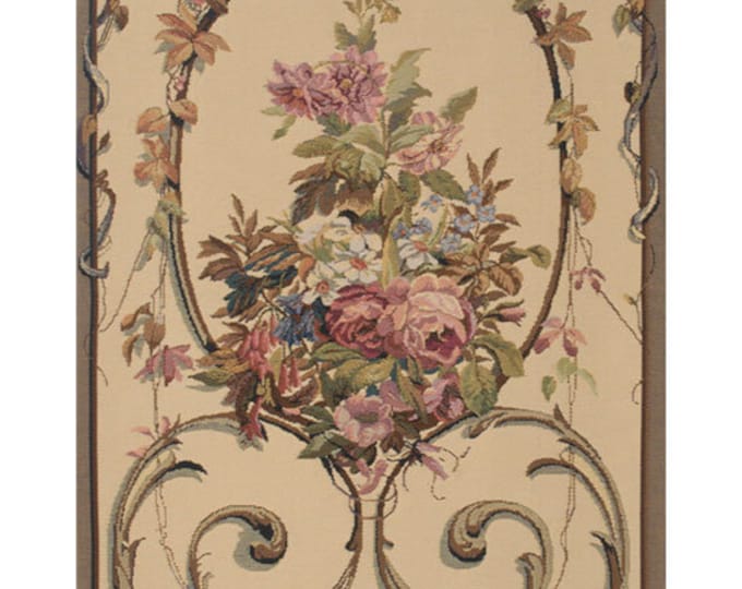 Floral Wall Tapestry Wallhanging: Cream European Jacquard Woven Art (64x28 inch)