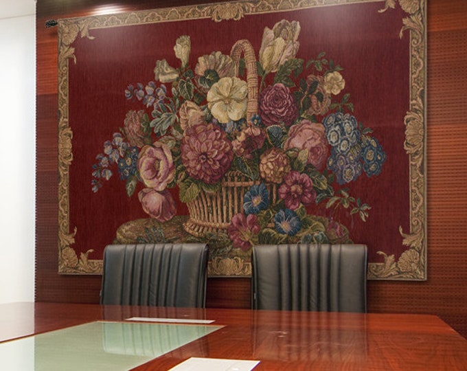 Floral Basket Wall Tapestry: Burgundy Chenille Jacquard, Woven in Italy (26x45 inch)