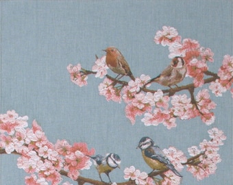 Passerines Branch Blue Tapestry Table Runner 71x19 inch – Songbird & Floral Woven Table Mat – French Gobelin Table Decor