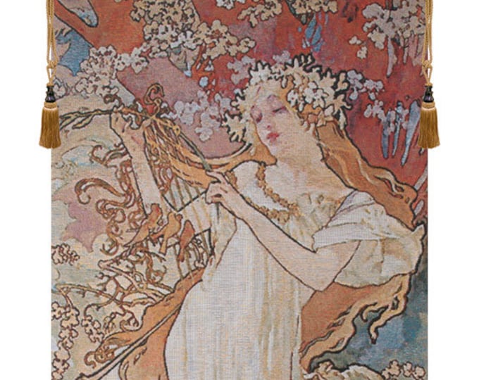 Elegant Spring Mucha-Inspired European Jacquard Wall Tapestry - Fine Art Hanging Decor with Young Lady