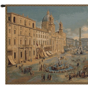 May include: A tapestry depicting a bustling city square in Rome, Italy. The square is surrounded by buildings, including a large church with a dome. In the center of the square is a fountain with a statue of a man. There are many people walking around the square, and some are riding horses.
