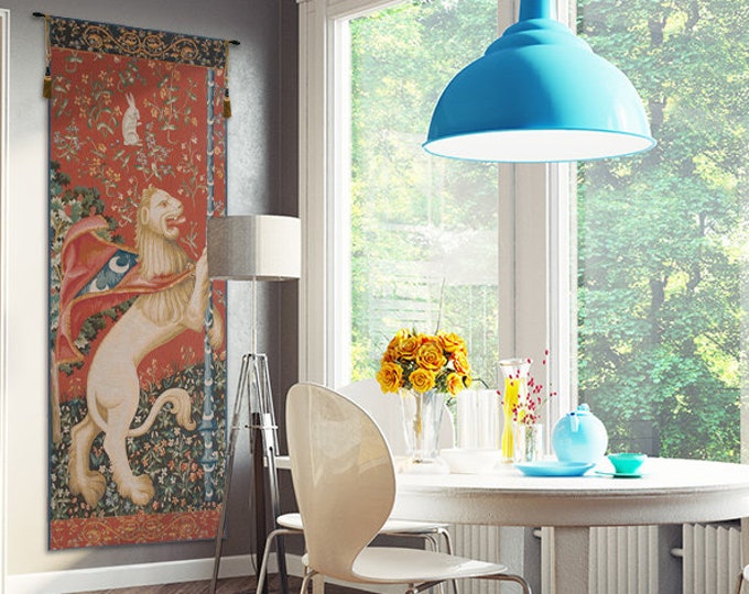 Majestic Lion European Medieval Tapestry - Millefleurs Jacquard Wall Hanging for Animal Lovers
