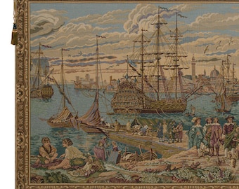 European Harbour Tapestry - Coastal Seascape Wall Hanging - Woven Italian Landscape Decor Art