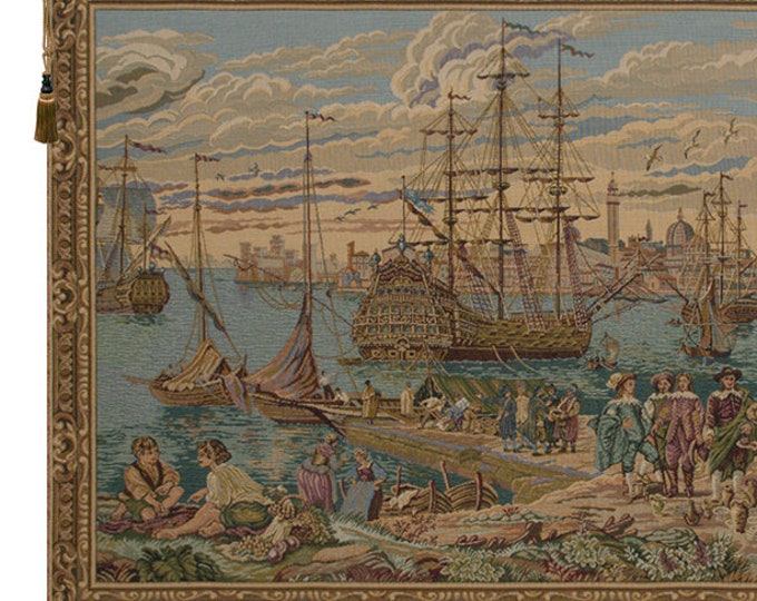 European Harbour Tapestry - Coastal Seascape Wall Hanging - Woven Italian Landscape Decor Art