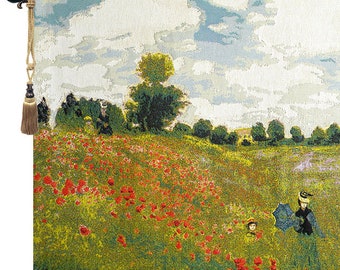 Monet Poppies Field Tapestry Belgian Woven Wall Hanging Impressionist Landscape Art Decor