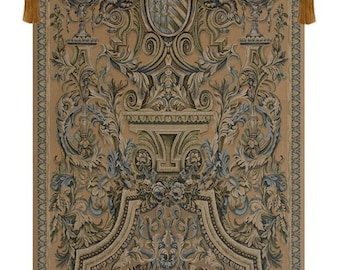 Belgian Woven Wall Tapestry Heraldic Floral Cream Decor 51x26 Inch Vintage Art