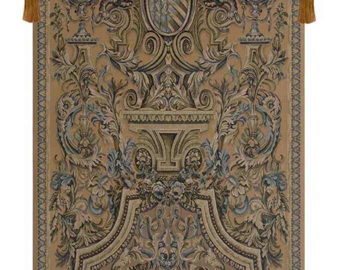 Belgian Woven Wall Tapestry Heraldic Floral Cream Decor 51x26 Inch Vintage Art