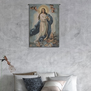 Lady of Assumption Tapestry: Woven Virgin Mary Religious Wall Art