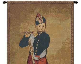 The Piper European Wall Tapestry - Young Flautist Jacquard Wall Decor Art - Woven Italian Wall Tapestry - Cream Decorative Wall Hanging