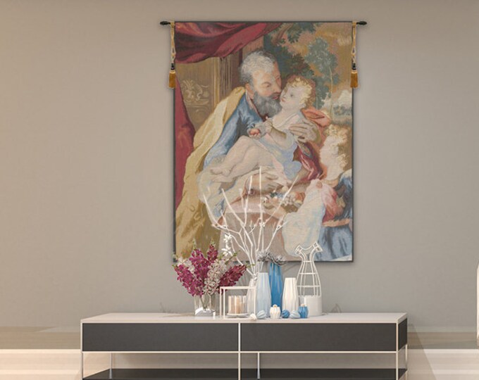 Saint Joseph and Child Tapestry: French Woven Religious Wall Hanging (39x29 inch)