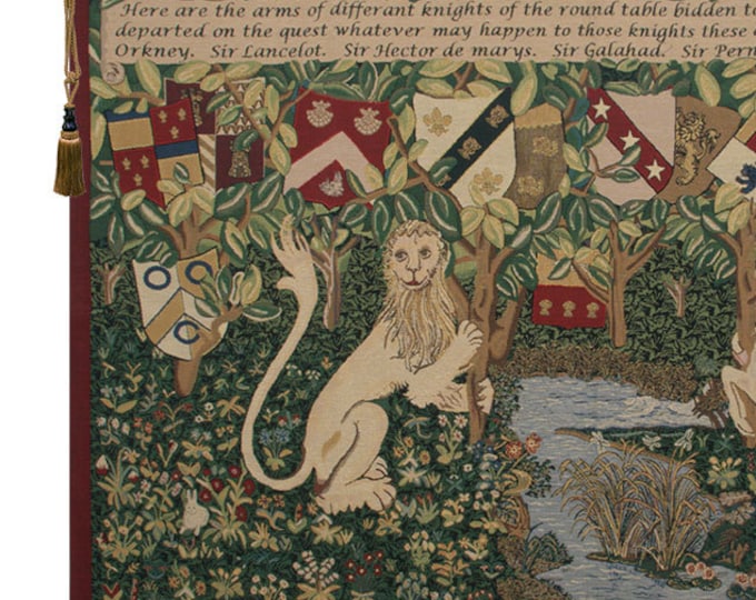 William Morris Tapestry: Medieval Knights, Lion & Unicorn - Woven Belgian Art