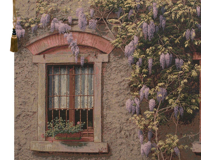 Wisteria Window Wall Tapestry: European-Inspired Woven Art for Living Room Decor, Colorful Floral Gift