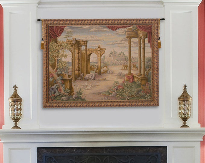 Vintage French Castle Landscape Jacquard Woven Wall Tapestry - Large 60x80 inch Medieval Art Hanging