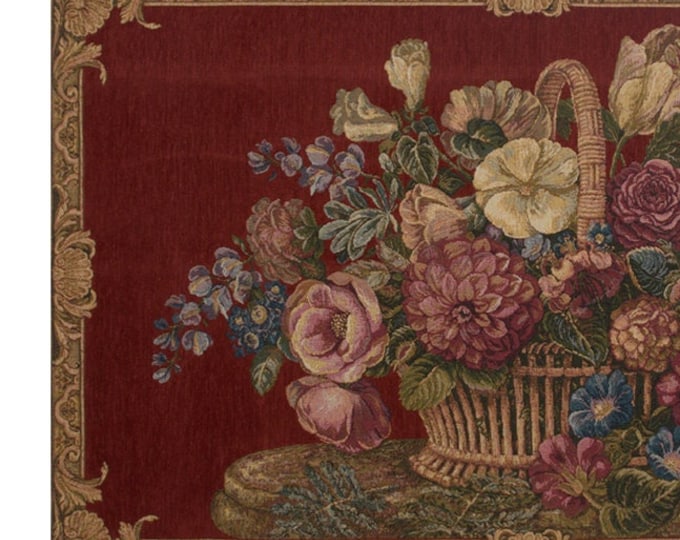Floral Basket Wall Tapestry Wallhanging: Burgundy Chenille Jacquard, Woven in Italy (26x45 inch)