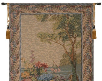 Veranda View European Wall Tapestry - Floral Unique Wall Decor Art - Decorative Woven Wall Hanging - Antique Belgian Wall Tapestry
