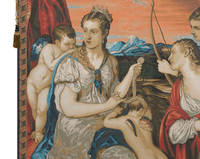 Venus Blindfolding Cupid Italian Jacquard Tapestry: Romantic Renaissance Wall Art Hanging