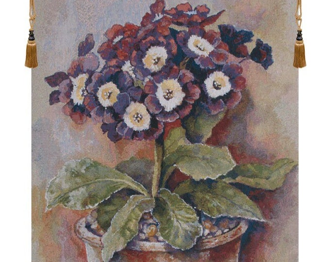 Primula Auricula Belgian Woven Tapestry Floral Wall Art Hanging Decorative Home Decor Gobelin Textile Ornamental Aesthetic Vintage