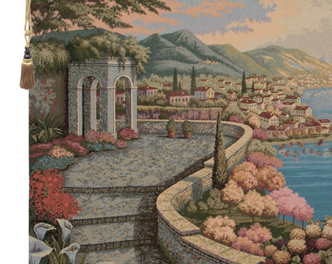Lake Como Tapestry: Italian Woven Wall Hanging, Floral Lake View (36x53 inch)
