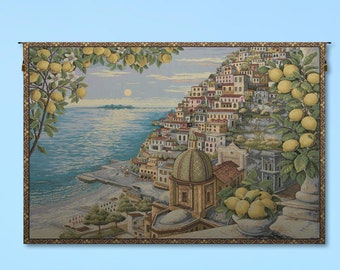 Amalfi Coast Italian Woven Wall Tapestry: Coastal Mediterranean Landscape Art for Home Decor (36x53)