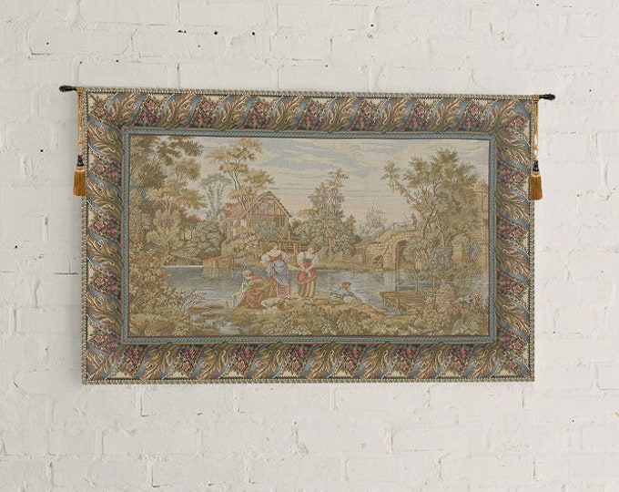 Elegant European Jacquard Wall Tapestry - Classical Italian Mill Scene Landscape Artwork
