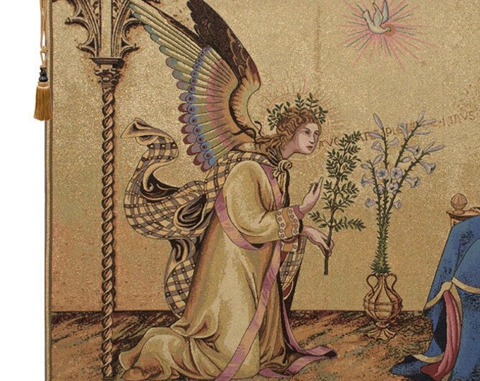Annunciation Gothic Tapestry: Italian Religious Wall Art Featuring Saints and Angels