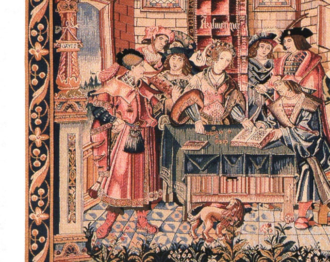 Renaissance Accountant Tapestry - Medieval European Wall Art - French Jacquard Scene Decor